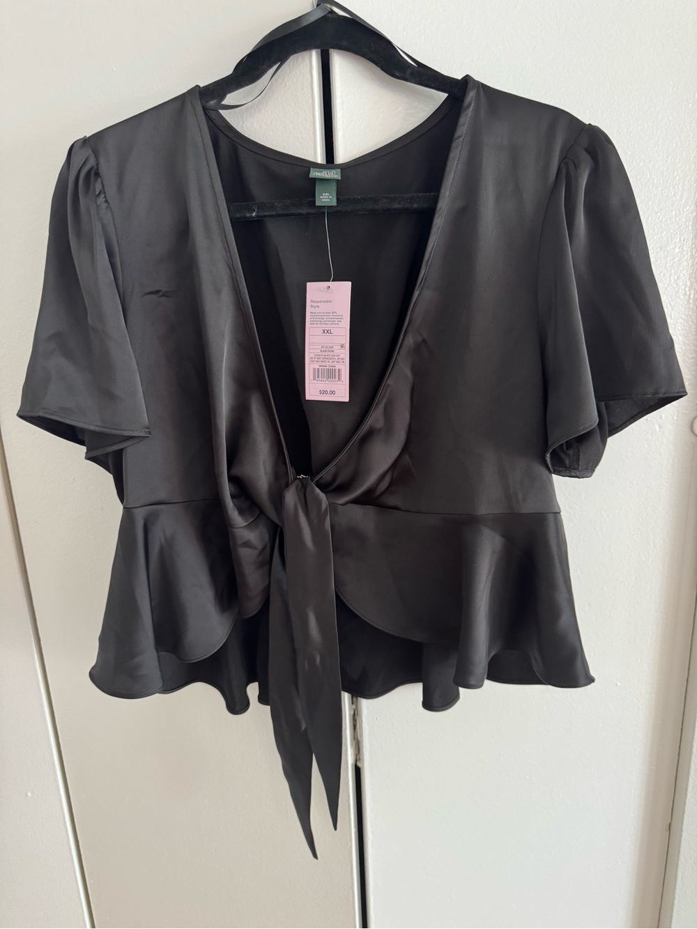 wild fable Black Satin Tie-Front Peplum Blouse